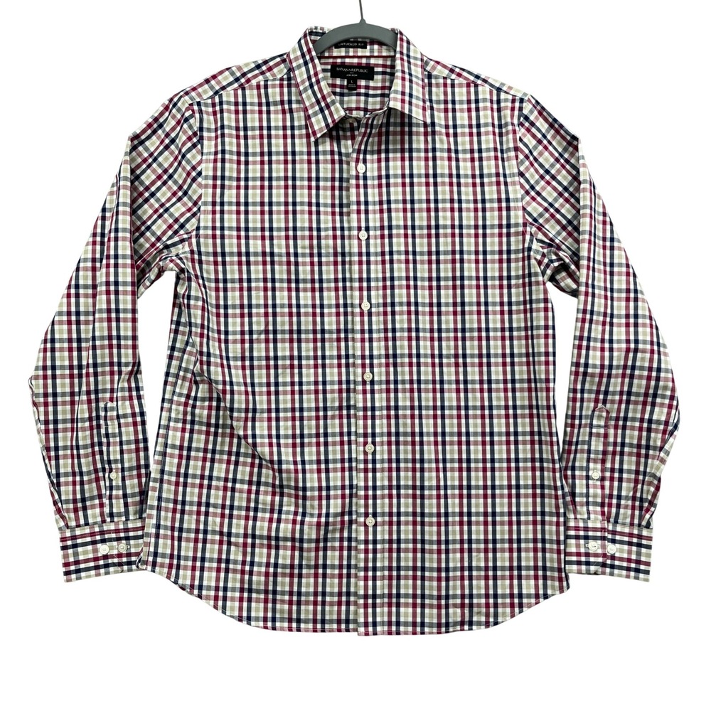 Banana Republic Shirt Mens L 16-16.5 Red Plaid Non-Iron Untucked Oxford Classic
